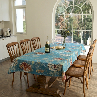HERBORIA Tablecloth, Textured Jacquard Fabric, Vintage Botanical Floral Pattern in Shades of Blue