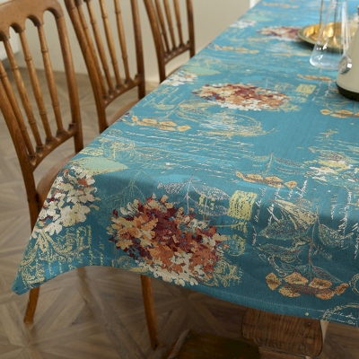 HERBORIA Tablecloth, Textured Jacquard Fabric, Vintage Botanical Floral Pattern in Shades of Blue