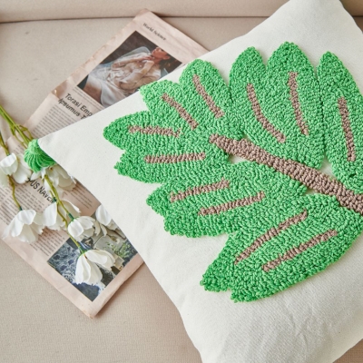 BOTANICA Cushion, Tufted Embossed Embroidery, Floral and Plant Motifs, Spring Style, 45 x 45 cm