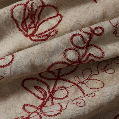 Rideau Sur Mesure HERBÉLINE, Tissu Coton et Lin Brodé, Motif Floral Linéaire Rouge
