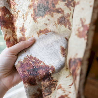 Rideau Sur Mesure TERRALIA, Tissu Jacquard Coton et Lin, Fleurs en Relief et Imprimé Terre Cuite