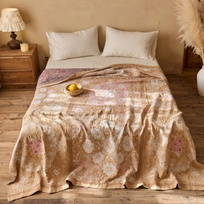 JULIANA bedspread, Cotton and Linen Jacquard, Vintage Floral Pattern, Can be used as a Sofa Throw or Blanket, 230 x 250 cm