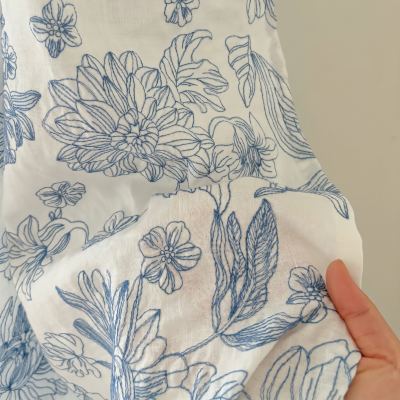 LIRÉA Custom-Made Curtain, Linen Blend Fabric, Porcelain Blue Botanical Embroidery