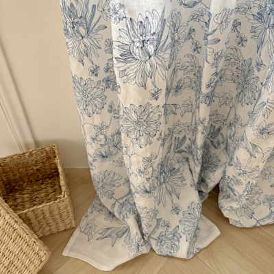 LIRÉA Custom-Made Curtain, Linen Blend Fabric, Porcelain Blue Botanical Embroidery
