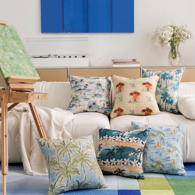 Coussin KAILANI, Tissu Jacquard Texturé, Motifs Estivaux de Palmiers et Bord de Mer
