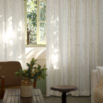 Voilage Sur Mesure ÉLISÈNE, Tissu Effet Lin Imprimé, Motif Petites Fleurs Champêtres