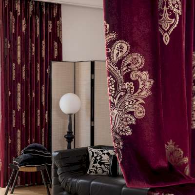 Rideau Occultant Sur Mesure ALTESSE, Velours Doux, Motif Baroque Doré