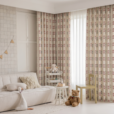 Rideau Enfant Sur Mesure LOUVIA, Tissu Jacquard à Fils Coupés, Motif Carrés Frangés