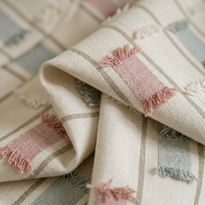 Rideau Enfant Sur Mesure LOUVIA, Tissu Jacquard à Fils Coupés, Motif Carrés Frangés