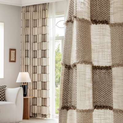 Rideau Tamisant Sur Mesure LUNÉRIA, Tissu Jacquard Texturé, Motif Carreaux Patchwork à Bordures en Fils Bouclés